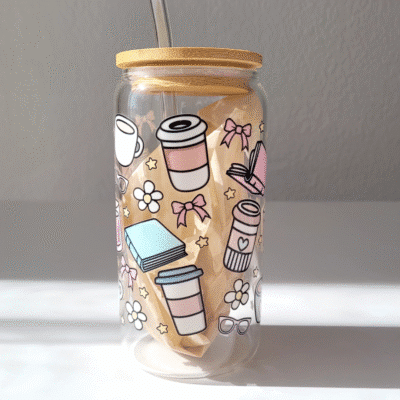 Gobelet et paille en verre "Books & Coffee"